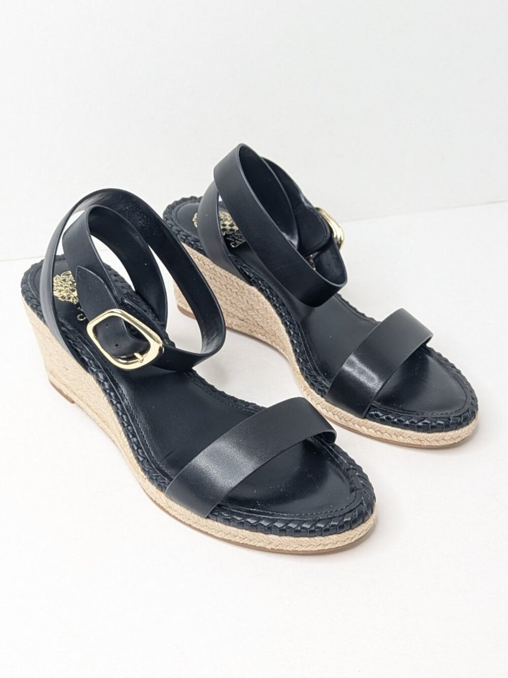 Vince Camuto Fainel Espadrille Wedge Sandals Black Silky Leather Womens 8